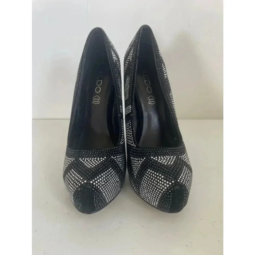 Women's Aldo Leather Chevron‎ Black Rhinestone 6” High Heels Size 8.5 EUC
